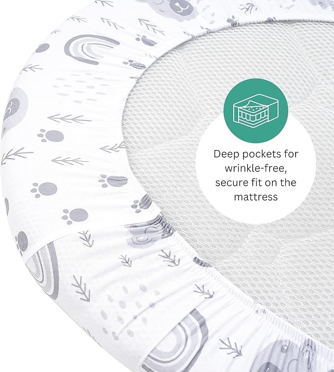 Bassinet Sheets for RONBEI, Baby Joy, Baby Delight Beside Me Dreamer, and Nordmiex Bassinet, 3 Pack, 33x20 Inch, Ultra Soft, Breathable Snug Fit, Unisex Boys Girls, Gray White (Woodland Rainbow)