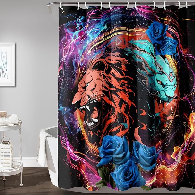 AILONEN Howling Lion Leopard Print Shower Curtain,Cartoon Animal Lion Theme Kids Boys Bath Curtain,Modern Fantasy Colorful Waterproof Decor Shower Curtain, 60" W x 72" H