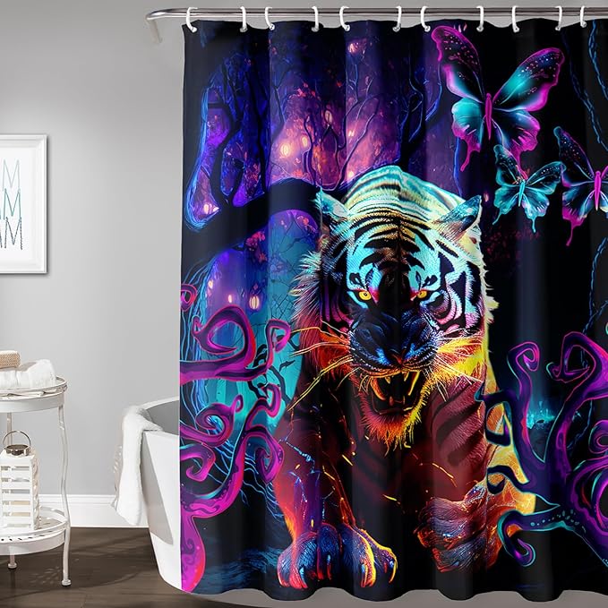 AILONEN 3D Tiger Shower Curtain for Bathroom,Purple Magic Forest Wildlife Printed Bath Curtain,Boys Roaring Tiger Decoration Shower Curtain Waterproof 72" W*72" H