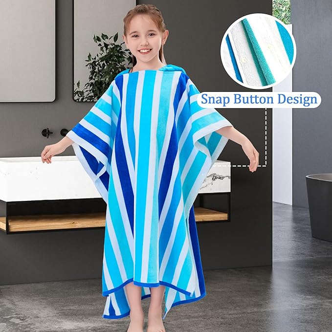 VOOVA & MOVAS Hooded Poncho Towels for Boys| Girls | Teenagers (8-16Years), 100% Cotton Absorbent Poncho Towel Robe for Kids, Perfect for Pool, Beach, Swim,Bath, Blue Stripe