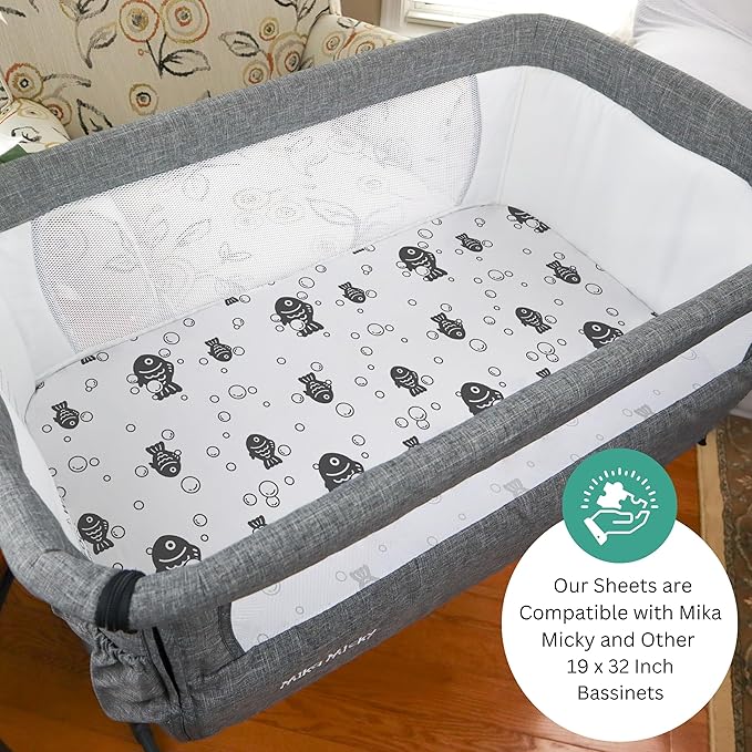 TansyPanda Bassinet Sheets for Mika Micky, Cuddor, Evolur Bedside Sleeper, Pack of 3, 19 x 32 Inch, Ultra Soft, Breathable, and Snug Fit, Unisex Boys and Girls, Gray and White (Ocean Fish Theme)