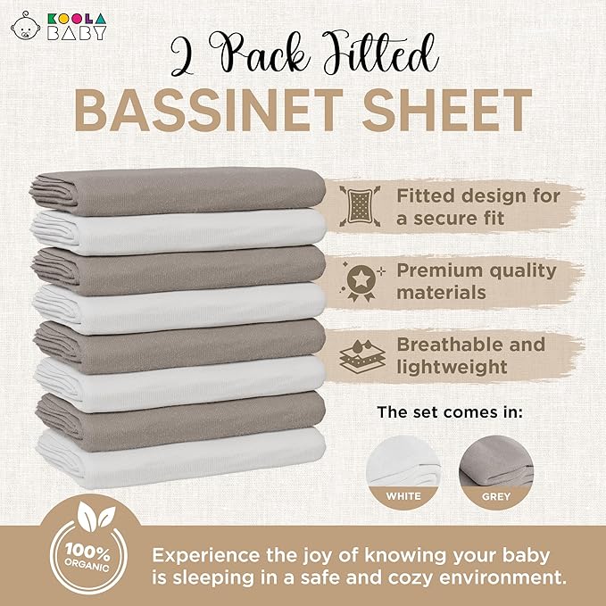 Bassinet Fitted Sheets - Compatible with Fodoss, Mika Micky & Dream on Me Poppy Traveler Bassinet | 100% Organic Jersey Cotton - White + Grey | 32x19 (2 Pack)