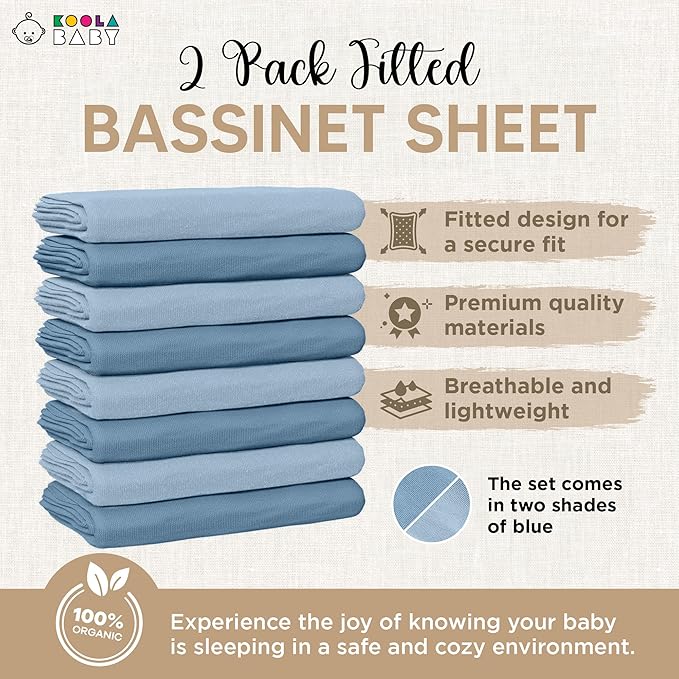 Bassinet Fitted Sheets - Compatible with Mika Micky, Fodoss & Dream on Me Poppy Traveler Bassinet | 100% Organic Jersey Cotton - Light Blue + Dark Blue | 32x19 (2 Pack)