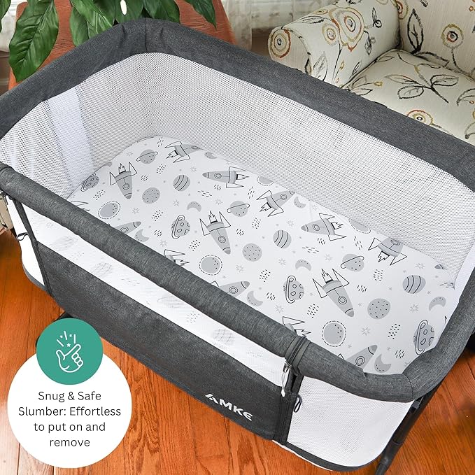 TansyPanda Bassinet Sheets for Bellababy, Besrey, AMKE, and Milliard Bedside Bassinet Sleeper, 3PC, 18 x 30 Inch, Ultra Soft, Breathable, Snug Fit, Unisex Boys, Girls, Gray White (Space Rockets)