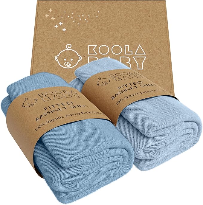 Bassinet Fitted Sheets - Compatible with Mika Micky, Fodoss & Dream on Me Poppy Traveler Bassinet | 100% Organic Jersey Cotton - Light Blue + Dark Blue | 32x19 (2 Pack)