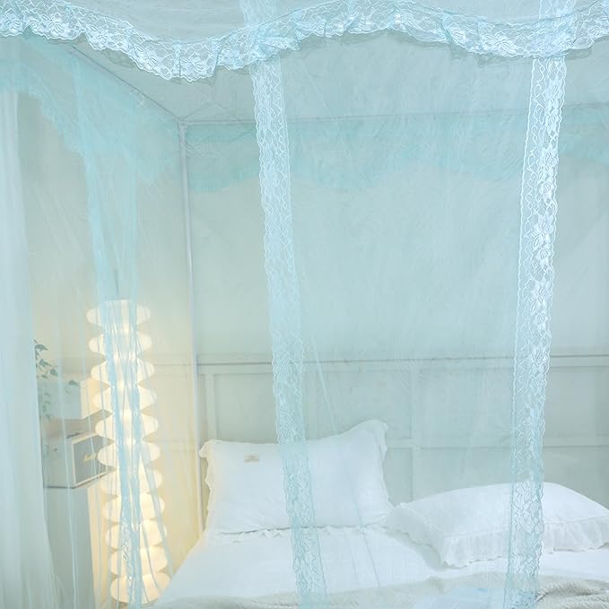 Bed Canopy, Princess Bed Curtain Net for Girls & Adults,Three-Doors Rectangle Lace Dome Netting (Green, King)
