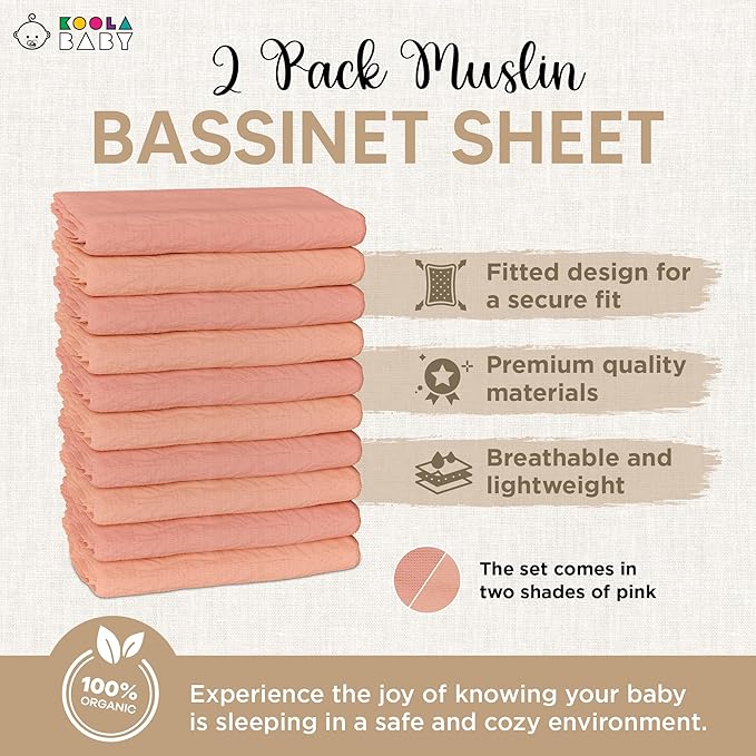 Bassinet Fitted Sheets - Compatible with Maxi COSI Iora, Koola Baby, Angelbliss & Kidsclub | 100% Organic Muslin Cotton - Light Pink + Dark Pink | 33x20 (2 Pack)