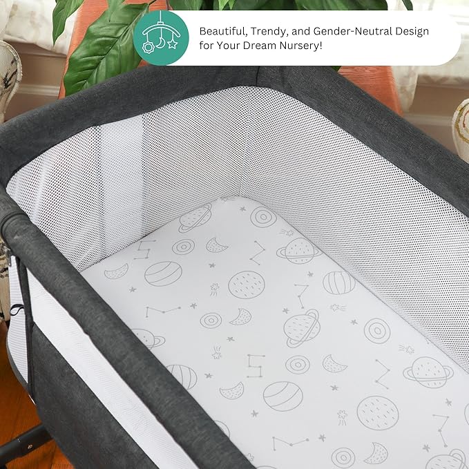 TansyPanda Bassinet Sheets for Bellababy, Besrey, AMKE, and Milliard Bedside Bassinet Sleeper, 3PC, 18 x 30 Inch, Ultra Soft, Breathable, Snug Fit, Unisex Boys, Girls, Gray White (Space Rockets)