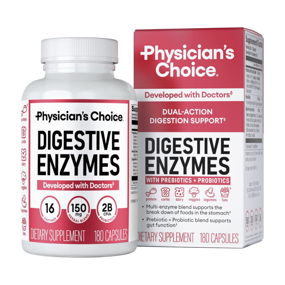 Physician's CHOICE Digestive Enzymes - Multi Enzymes, Organic Prebiotics & Probiotics for Digestive Health & Gut Health - Meal Time Discomfort Relief & Bloating - Dual Action Approach - 180 CT