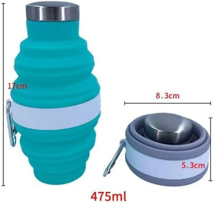 Collapsible Silicone Water Bottle with Carabiner, 475ml/17oz, BPA-Free, Leak-Proof, Lightweight & Durable for Travel, Gym, Camping (Cyan)