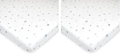 TL Care Printed 100% Natural Cotton Jersey Knit 18 x 36 Cradle/Bassinet Sheet - Fitted, Gray Stars and Moons, Soft Breathable, for Boys and Girls (Pack of 2)