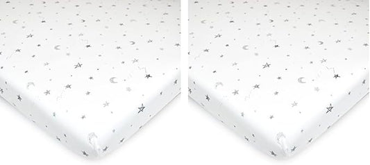 TL Care Printed 100% Natural Cotton Jersey Knit 18 x 36 Cradle/Bassinet Sheet - Fitted, Gray Stars and Moons, Soft Breathable, for Boys and Girls (Pack of 2)