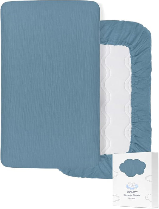 Blue Bassinet Mattress Sheets Boy, Muslin Bassinet Sheet 32"x16" for Rectangle, Oval, Hourglass Bassinet Mattress, Moses Basket Sheets (46B-06)