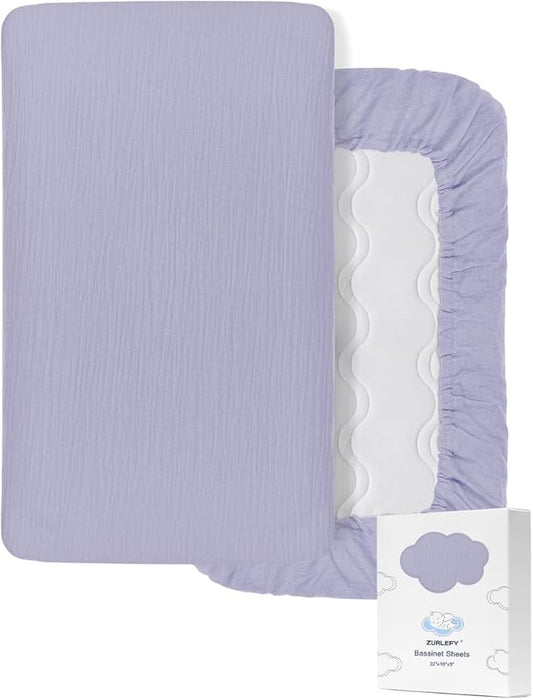 Purple Bassinet Mattress Sheets Girls, 32"x16" Muslin Bassinet Fitted Sheets for Rectangle, Oval, Hourglass Bassinet Mattress, Moses Basket Sheets (46B-02)