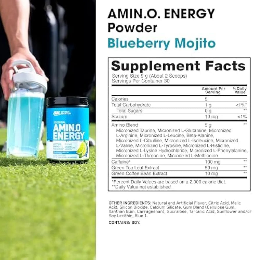 Optimum Nutrition Amino Energy - Pre Workout with Green Tea, BCAA, Amino Acids, Keto Friendly, Green Coffee Extract, Energy Powder - Blueberry Mojito, 30 Servings 