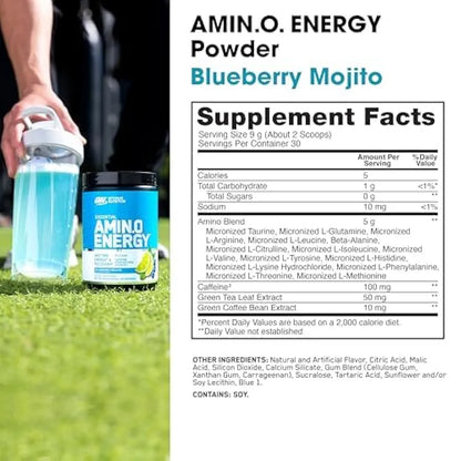Optimum Nutrition Amino Energy - Pre Workout with Green Tea, BCAA, Amino Acids, Keto Friendly, Green Coffee Extract, Energy Powder - Blueberry Mojito, 30 Servings 