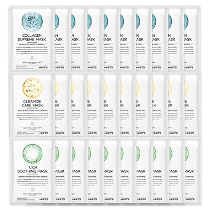Hydrating Soothing Sheet Masks Gift Set for Skincare, Korean Vegan Sheet Mask for Dry, Sensitive Skin, Calming, Smoothing, Brightening, Collagen, Ceramide, Cica, Hyaluronic Acid 30EA