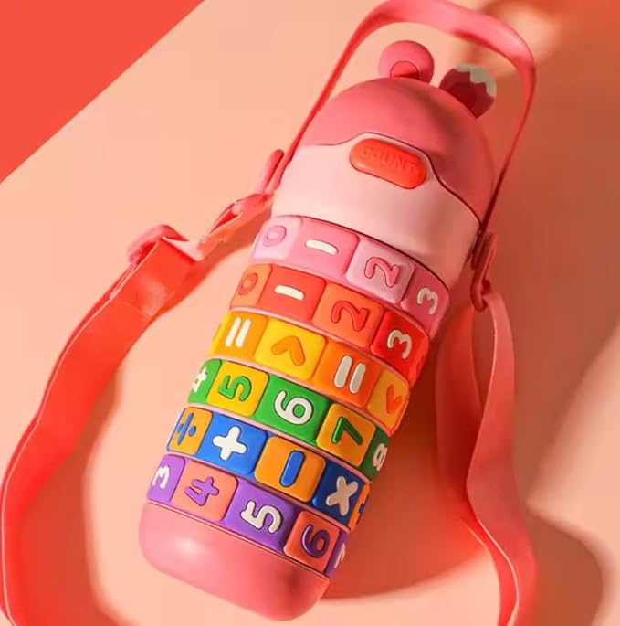Kids Premium 14 oz Math Water Bottle with Silicone Spout, Leak-Proof Locking Flip Lid, Carrying Strap, Educational, Fun, Learning, Puzzle, Insulated, Stainless Steel Thermos, Sensory, Fidget. (Green)