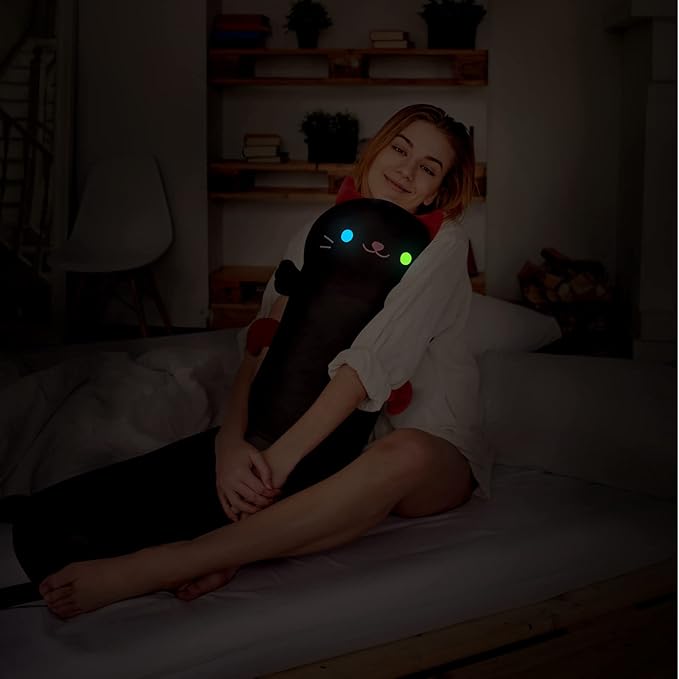 Long Cat Plush Kawaii Kids Plush Toy Pillows, Luminous Light Up Black Cat Stuffed Animals Kawaii Night Light Plushies Body Pillow Glow in The Dark Gift for Girls Boys (28 Inch)