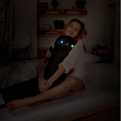 Long Cat Plush Kawaii Kids Plush Toy Pillows, Luminous Light Up Black Cat Stuffed Animals Kawaii Night Light Plushies Body Pillow Glow in The Dark Gift for Girls Boys (28 Inch)