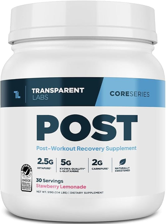 Transparent Labs Post - Post-Workout Recovery Muscle Builder with L-Glutamine, Beta-Alanine and BetaPure Betaine Anhydrous for Muscle Recovery and Muscle Building - 30 Servings, Strawberry Lemonade