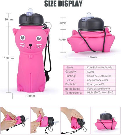 Collapsible Silicone cat Water Bottle with Carabiner |500ml(16.9 oz) | for Girls in the School, Hiking, Backpacking, Camping, Work out Sports | BPA Free(kawaii & cute Rose red cat)