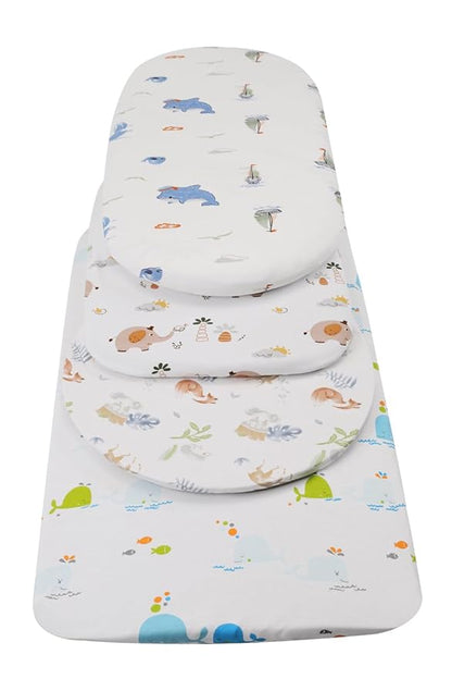 Bassinet Sheets Compatible with 4moms Mamaroo Sleep Bassinet, 2 Pack Fitted Sheets, 100% Jersey Knit Cotton 190GSM, Ultra Soft Breathable, Fox Deer and Elephant