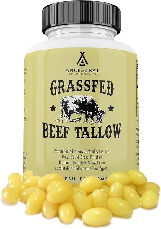 Ancestral Supplements Grass Fed Beef Tallow Capsules, 3000mg, Nourishing Kidney Fat Supplement Supports Bones, Teeth, Gums, Skin, Immune and Overall Health, Non-GMO, 180 Capsules