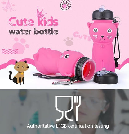 Collapsible Silicone cat Water Bottle with Carabiner |500ml(16.9 oz) | for Girls in the School, Hiking, Backpacking, Camping, Work out Sports | BPA Free(kawaii & cute Rose red cat)