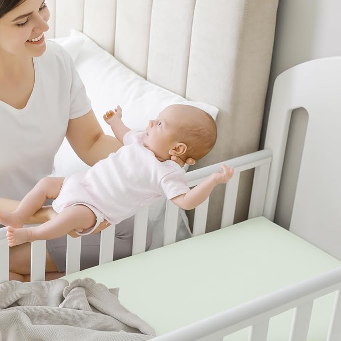 Pack and Play Sheets Fitted, 2-Pack Mini Crib Sheets - Pack N Play Sheets, Organic Fitted Crib Sheet for Pack and Play Mattress, Playard Baby Crib Sheets, Crib Sheets Neutral for Boys, Girls (Aloe)