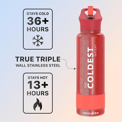 Coldest Sports Water Bottle with Straw Lid Vacuum Insulated Stainless Steel Metal Thermos Bottles Reusable Leak Proof Flask for Sports Gym (40 oz, Mars Red Glitter)