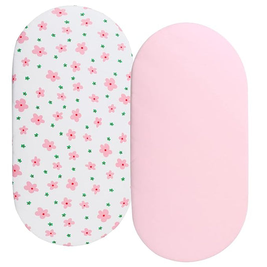 Bassinet Sheets Compatible with Arm's Reach Co-Sleeper Bassinet, 2 Pack, 100% Jersey Knit Cotton 190GSM, Ultra Soft Breathable, Floral and Pink