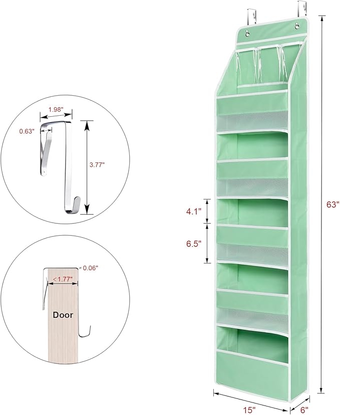 Univivi Over Door Organizer Baby Door Storage Wall Mount Storage with 3 Small PVC Pockets and 5 Large Pockets Ideal for Baby Stuff, Toiletries and Sundries (Green)