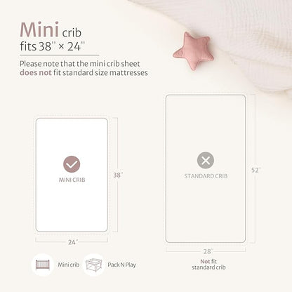 Blissful Diary Muslin Mini Crib Sheets, Pack and Play Mattress Sheets Fitted for Pack N Play, Soft Cotton for Boys Girls, 2 Pack(Dusty Pink&Cream)