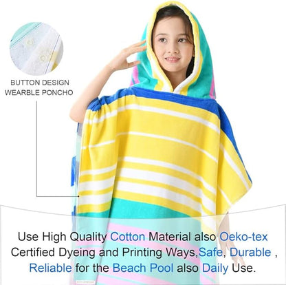 VOOVA & MOVAS Hooded Beach Towels for Kids, Oversized (6-12Years) Made from 100% Soft Cotton,Perfect for Swimming | Bathing | Beach | Birthday Gifts, Colorful Stripe