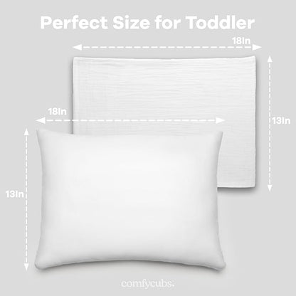 Comfy Cubs Toddler Pillow with Soft Muslin Pillowcase, 13"x18", White (2 Pack) - Kids Pillow for Sleeping & Travel - Comfortable Small Pillow - Kids Travel Pillow with Breathable Microfiber Fill