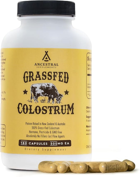 Ancestral Supplements Grass Fed Beef Colostrum Supplement, 3000 mg, Offers Immune Support and Promotes Gut Health, Athletic Performance, Healthy Iron Levels, Growth and Repair, Non GMO, 180 Capsules