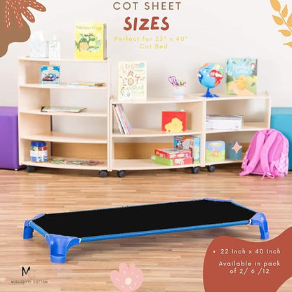 Pack of 6 Cot Sheet for Daycare Preschool Cot Bed -Polyblend Fabric with Corner Elastic Cots Sheets Fits On 22" X 52" Inches Size Toddler and Preschool Daycare Cot Black 22 X 52 Size