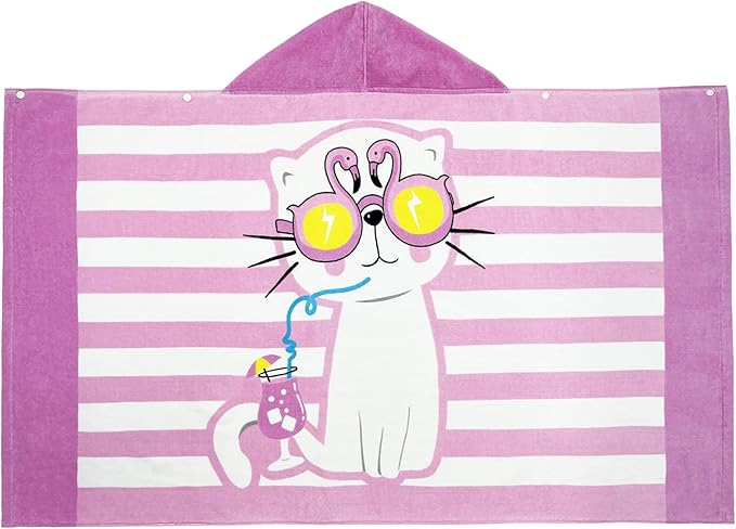 BANGSAUR Kids Hooded Beach Bath Towels, 100% Cotton 50x30 inches Wrap Towel, Toddlers Girls 3-12 Years Coverup Pink Cat