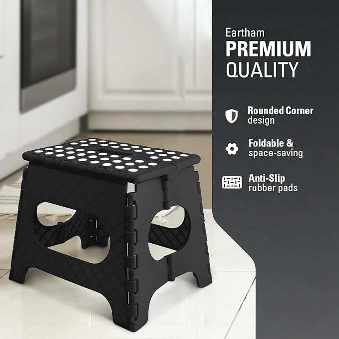Folding 11inch Lightweight Step Stool - Compact & Portable - Sturdy Non-Slip Design for Kitchen, Bathroom - Durable & Space-Saving - Weight Capacity up to 300lbs - Black - Ideal for Adults and Kids