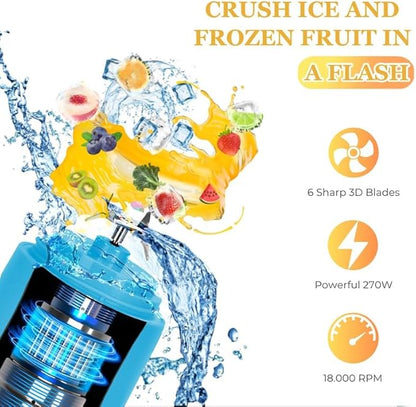 Cordless 21oz Portable Blender BPA Free With Personal Blender Cup, Best For Smoothie, Shakes, and Cocktails, With Durable Stainless Steel Blades, USB-C Rechargeable in Blue By WIZTRONIX