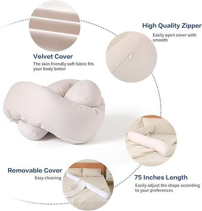 Long Body Pillow for Adults,Full Body Pillow with Velvet Pillowcase,Round Bolster Pillow for Sleeping,Hug Pillow(Beige,75×6 inch)