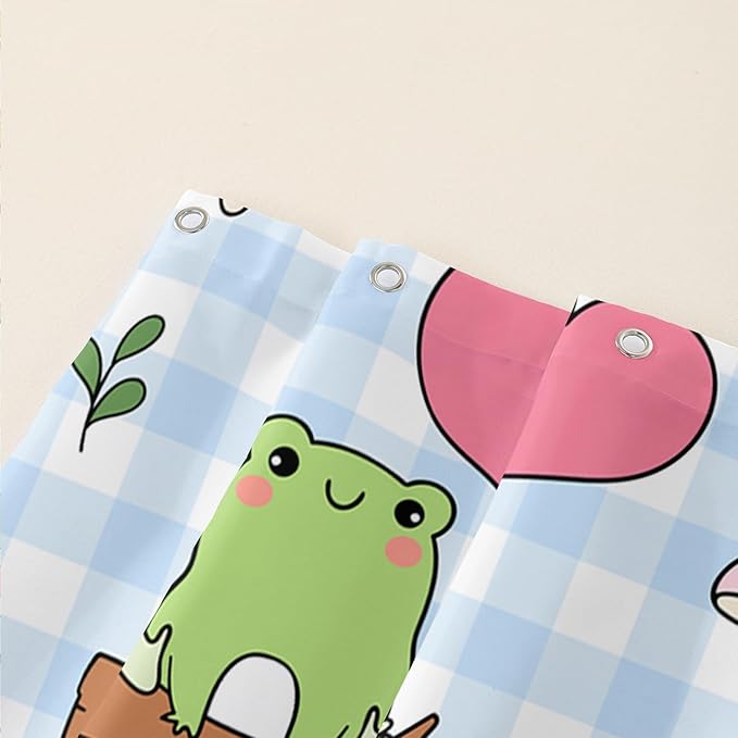 AILONEN Kawaii Frog Shower Curtain,Cute Cartoon Mushroom Frog Bath Curtain,Romantic Frog Couple Hearts Printed Waterproof Blue Stripe Curtain, 48" W x 72" H