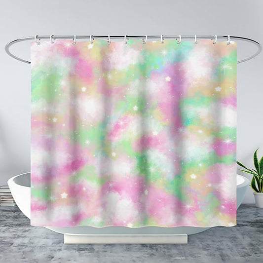 AILONEN Colorful Space Shower Curtain,Glitter Star Waterproof Fabric Shower Curtain Set for Girls Kids Teens, 48" W*72" H Fantasy Starry Sky Theme Bathroom Decor