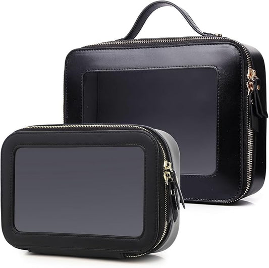Clear Makeup Bag for Women Waterproof Travel Cosmetics and Toiletries Case Portable Makeup Oaganizer Bag Clear Car Bag with Zipper (Black, M+L-1)