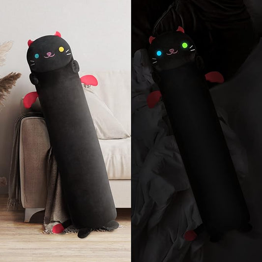 Long Cat Plush Kawaii Kids Plush Toy Pillows, Luminous Light Up Black Cat Stuffed Animals Kawaii Night Light Plushies Body Pillow Glow in The Dark Gift for Girls Boys (28 Inch)