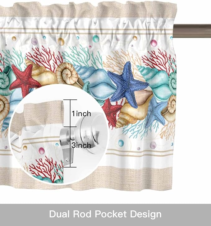 Coastal Beach Kitchen Curtains Valances for Windows Nautical Ocean Seashell Coral Starfish Rod Pocket Window Treatment for Kitchen /Living Room/Bedroom/ Bathroom, 42" X 18", Brown Aqua Summer