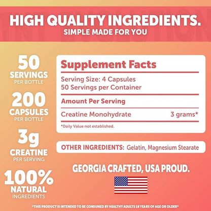 Creatine Monohydrate Capsules 50 Servings, 3,000 mg per Serving, Easy to Swallow, 750 mg of Creatine Monohydrate Per Capsule, High Absorption Rate