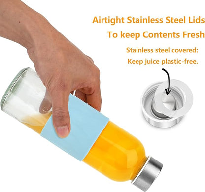 Clear Glass Water Bottles with Silicone Sleeve and Lids 18 oz, Reusable Glass Juice Bottles with Stainless Steel Airtight Cap for Juicing, Leak Proof Drinking Bottles, BPA Free, Set of 3, YBG