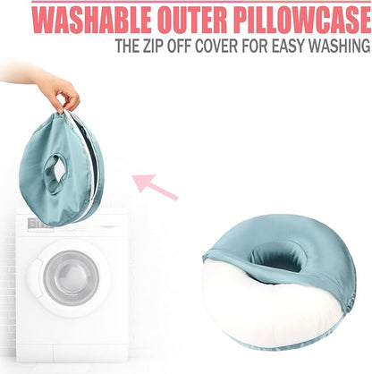 Satin Ear Piercing Pillow Removable Cover Luxury Cnh Pillow with Ear Holes for Ear Pain Side Sleepers Washable Large Donut Pillows Head Neck Support Turquoise